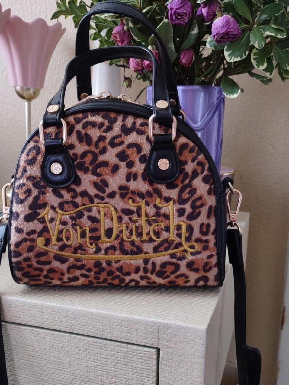 Von Dutch Leopard-Print Dome Satchel with Black Trim and Gold Logo
